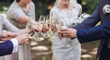 happy group of people toasting with champagne. hands holding glasses of champagne and clinking. bride bridesmaids and groom groomsmen having fun. holiday celebration. christmas feast