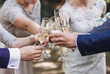 happy group of people toasting with champagne. hands holding glasses of champagne and clinking. bride bridesmaids and groom groomsmen having fun. holiday celebration. christmas feast