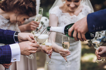 Couple of newlyweds, bride and groom together with bridesmaids and groomsmen drinking champagne outdoors hands closeup, wedding celebration with friends