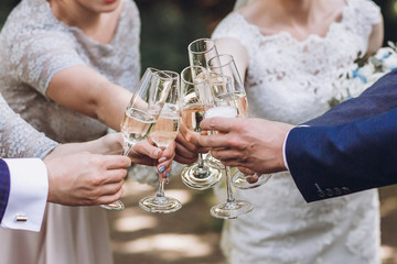 Couple of newlyweds, bride and groom together with bridesmaids and groomsmen drinking champagne outdoors hands closeup, wedding celebration with friends