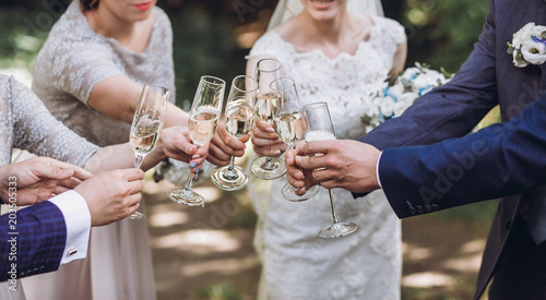 happy group of people toasting with champagne. hands holding glasses of champagne and clinking. bride bridesmaids and groom groomsmen having fun. holiday celebration. christmas feast