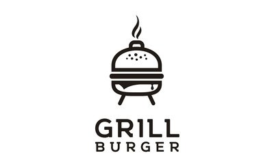 Grilled burger with kettle charcoal grill melted cheese logo design 