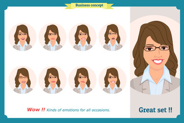 Fototapeta premium Set of woman expression isolated on white. Flat design. Cute emotions female head illustration.Vector face girl,angry, sad, smiling. Businesswoman character