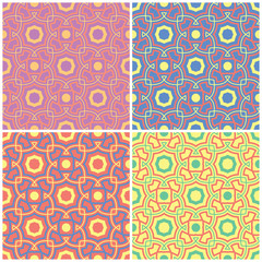 Colored floral seamless backgrounds. Set of bright patterns with geometric elements
