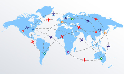 Plane routes over world map with markers or map pointers. Travel by airplane concept. Flight path. Vector illustration.