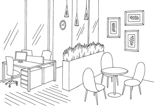 Office room graphic black white interior sketch illustration vector