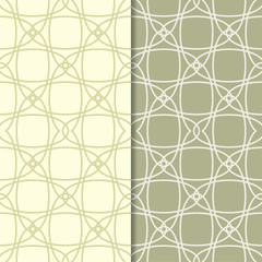 Olive green geometric ornaments. Set of seamless patterns