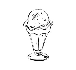 Hand drawn vector abstract artistic cooking ink sketch illustration drawing of ice cream scoop in glass cup isolated on white background.Kids menu concept