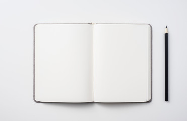 Design concept - Top view of hardcover gray linen notebook and ballpoint pen isolated on white background for mockup