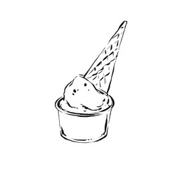Hand drawn vector abstract artistic cooking ink sketch illustration drawing of waffle ice cream cone isolated on white background.Kids menu concept