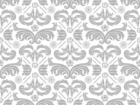 Wallpaper with Silver Damask Pattern - Repetitive Seamless Background Illustration, Vector