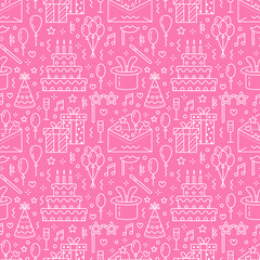 Birthday party pink seamless pattern, flat line illustration. Vector icons of event agency, wedding organization - cake, balloons, gifts, invitation, kids entertainment. Cute repeated background.