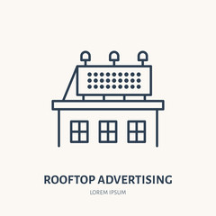 Rooftop signboard flat line icon. Outdoor advertising sign. Thin linear logo for street ads, marketing services.
