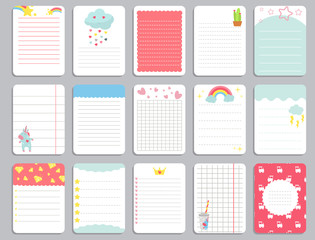 Kids notebook page template vector cards, notes, stickers, labels, tags paper sheet with unicorn illustrations. - obrazy, fototapety, plakaty
