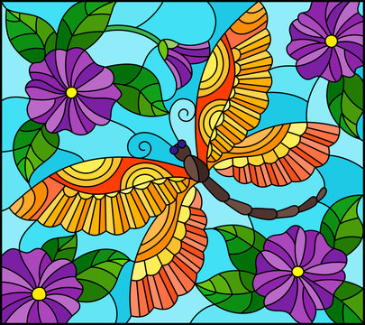 Illustration in stained glass style with bright orange dragonfly against the sky, foliage and purple flowers