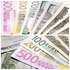 Collage with several euro banknotes and dollar bills