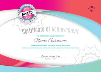 Official white certificate with pink blue wave design elements. Business clean modern design