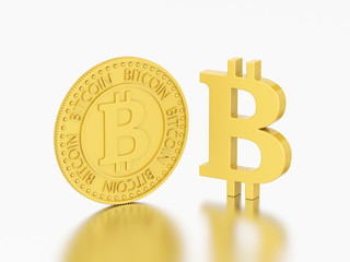 3D illustration two different gold bitcoin on a gray background