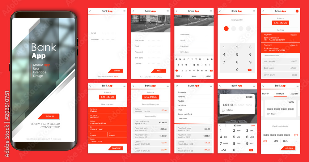 Wall mural design of the mobile app ui, ux. a set of gui screens for mobile banking and bitcoin exchange with l