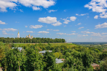 the view from the hill to the Cathedral of the assumption and the observation deck in Vladimir. summer landscape in the background. the Golden ring of Russia