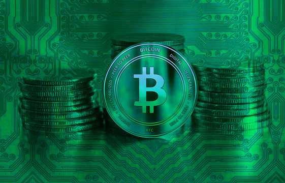 Green bitcoin closeup. Cryptocurrency. Commerce and finance.