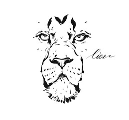 Hand drawn vector abstract artistic ink textured graphic sketch drawing illustration of wildlife lion head isolated on white background