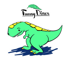 Funny kind children's cartoon dinosaur tyrannosaurus. hand-drawn vector character illustration. lettering logo Funny Dino.