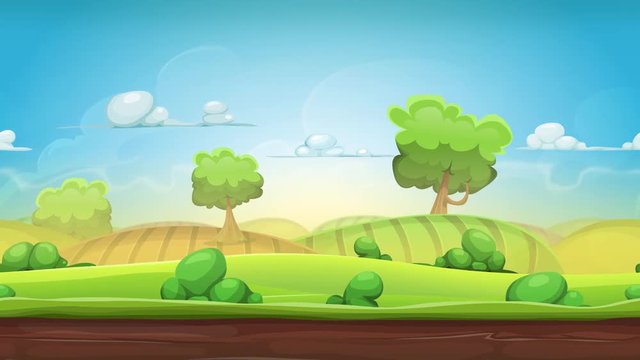 Cartoon Country Landscape Animation Loop/
Animation of a cartoon seamless country landscape, with agriculture fields, parallax motion effect, trees, clouds and smoke shapes