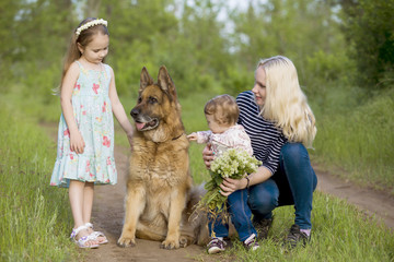 Mother day. Mother with two daughters and a dog, a German Shepherd on a green grass