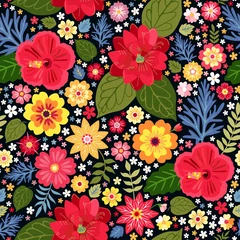 Fotobehang Vibrant ditsy floral pattern with exotic flowers in vector. Seamless colorful background. Vector illustration. Bright fashion print for fabric, wrapping paper. © Happy Dragon