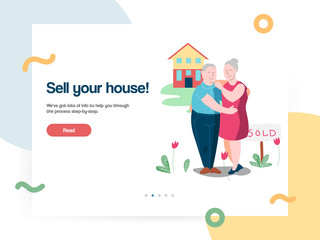 Web design template vector with old couple hugs and sell their house