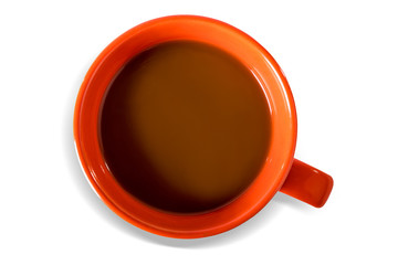 Orange coffe tea cup on white background with shadow, isolated. View from above.