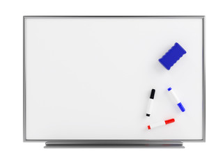 Empty whiteboard (magnetic board) isolated on white. Mockup template - 3D rendering