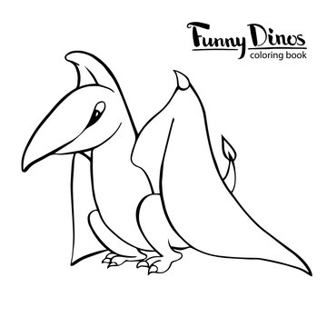 Funny kind children's cartoon dinosaur pterodactyl pteranadone hand-drawn vector coloring book illustration.