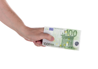 A man's hand holds a hundred euro banknotes. 100 euros.