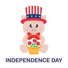 4 july cartoon cute pig in hat sitting with basket and flowers with text