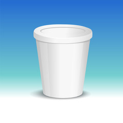 Vector realistic yogurt, ice cream or sour creme package on white backgrounnd. 3D illustration. Mock up of container isolated. Template for your design. Side view. Diminishing perspective