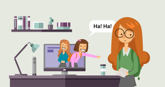 Cyberbullying, trolling. Teenage girls laughing and pointing at another girl from computer screen. Concept vector illustration. Flat style. Horizontal.
