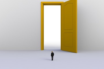 Success concept with businessman, Image of miniature businessman standing in front of open yellow door on white wall background, 3D rendering