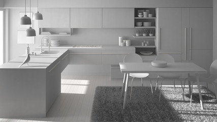 Total white project of modern minimalistic kitchen with dining table, carpet and panoramic window, architecture interior design