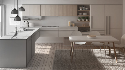 Unfinished project of modern minimalistic kitchen with dining table, carpet and panoramic window, architecture interior design