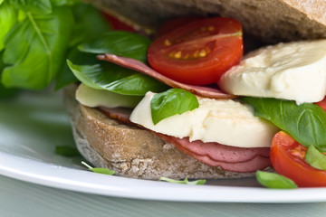 Ciabatta with ham , mozzarella, tomato and basil