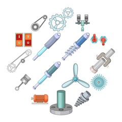 Mechanism parts icons set. Cartoon illustration of 16 mechanism parts vector icons for web