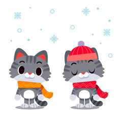 Vector cat characters wearing scarf and winter hat isolated on white background