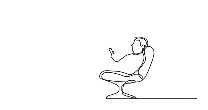 Self drawing animation of continuous line drawing of man relaxing in chair with his mobile phone