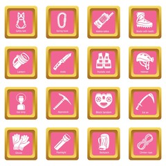 Speleology equipment icons set vector pink square isolated on white background 