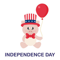 4 july cartoon cute pig in hat sitting with balloon and text