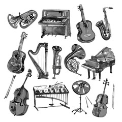 Set of hand draw black watercolor musical instruments