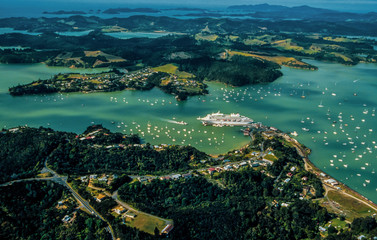 New Zealand, Bay of Islands, Opua, aerial view over yachts and liner - 203522364