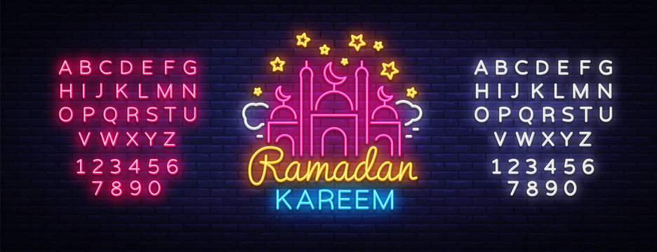 Ramadan Kareem greeting cards, neon sign. Design template, light banner, night neon advert. Ramadan Kareem - Glorious month of Muslim year. Vector illustration. Editing text neon sign